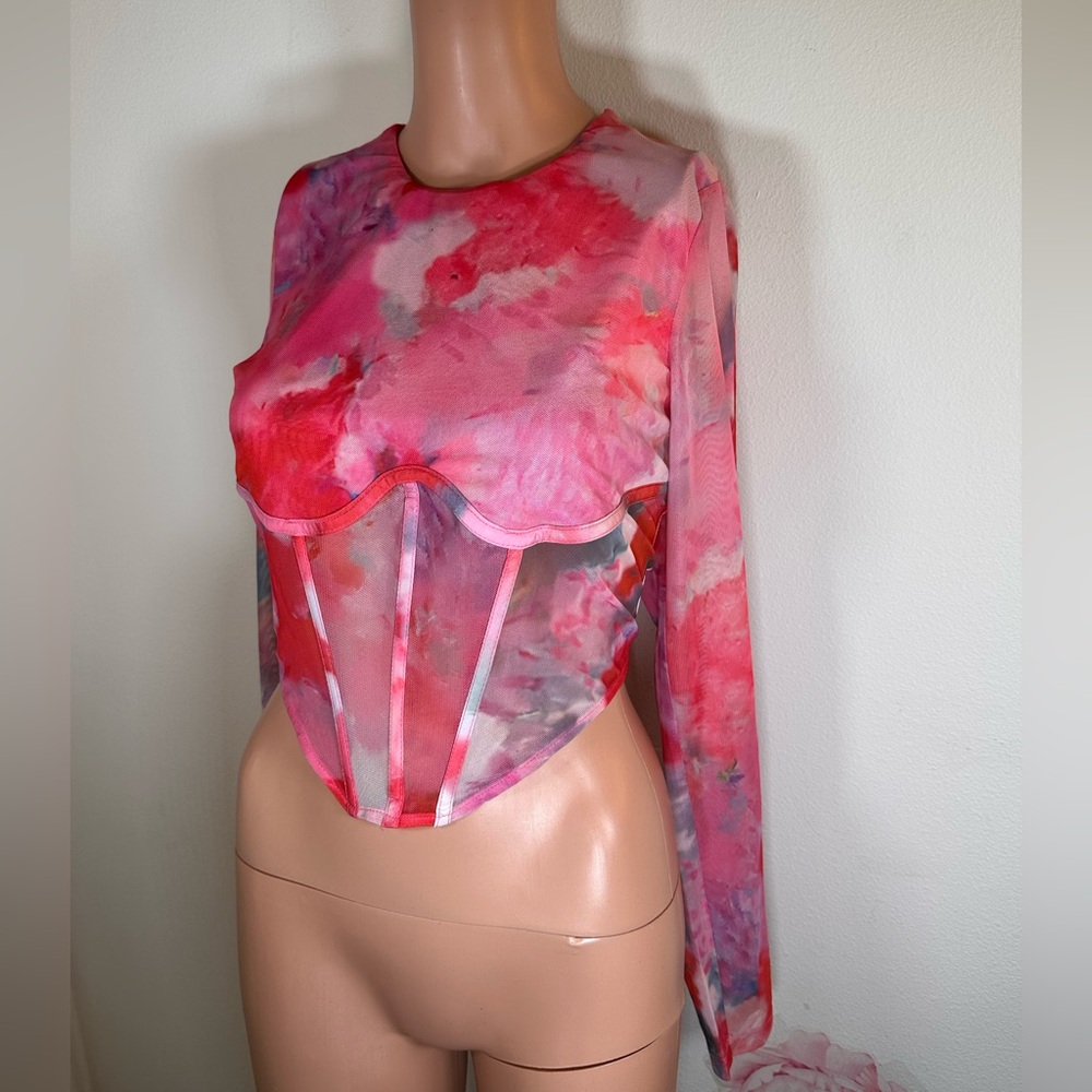 Bardot Pink Watercolor Mesh Corset Crop Top - Picture 4 of 9